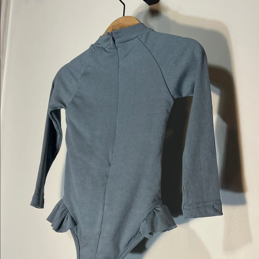 Girls Gray Blue Long Sleeve Swimsuit with Ruffle Detail